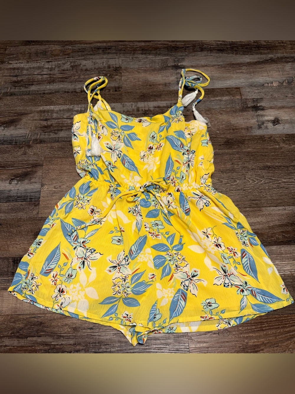 As U Wish Yellow Floral Romper with Blue Leaves NWOT Size L